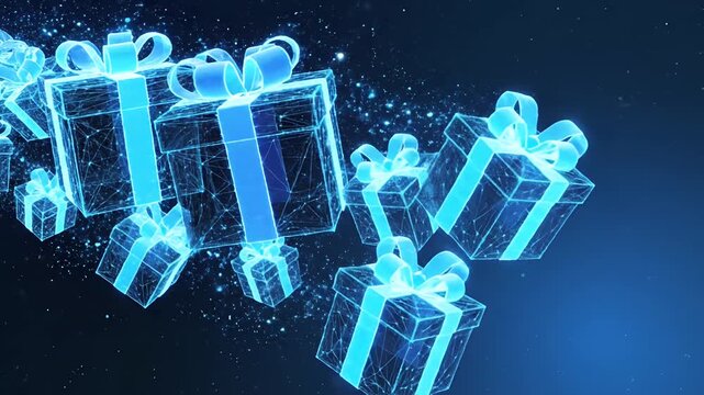 Abstract digital gift boxes with ribbon bows on dark blue background