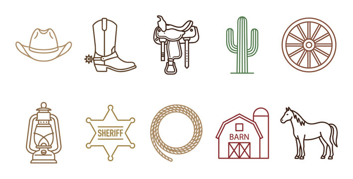 Western cowboy ranch life themed line art icons depicting hat, boot, saddle, cactus, wagon wheel, lantern, sheriff badge, rope, barn, and horse.