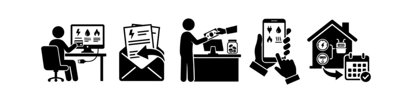 Set of icons showing various utility bill payment methods including mobile app, online banking, mail, and in-person cash transactions for electricity, water, and gas services.