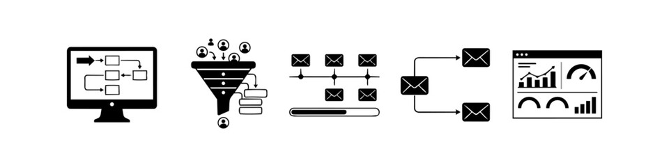 A set of black and white icons representing digital marketing automation, including flowcharts, sales funnels, email sequences, A/B testing, and analytics dashboards. © Nort Kor