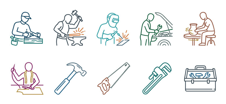 Various craftsmen and tools icons illustrating different professions and skilled labor activities in a clean, modern outline style.