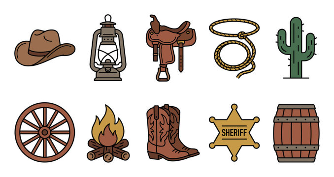 Western cowboy accessories collection featuring traditional elements like a hat, lantern, saddle, and sheriff badge, depicted as colorful icons.