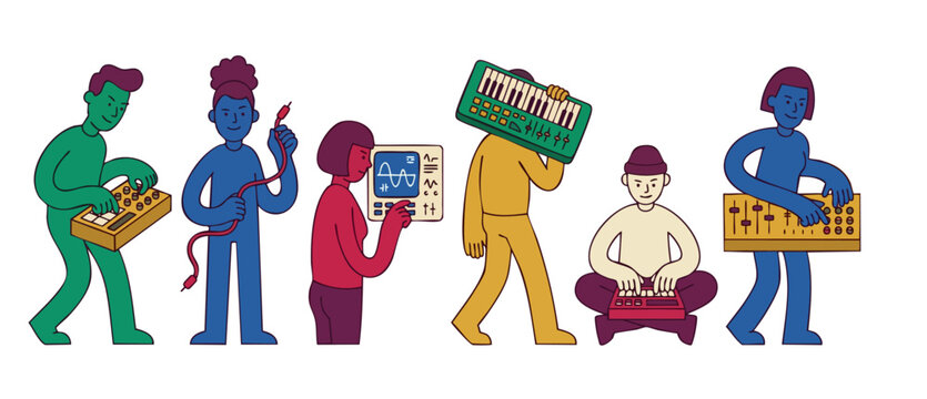 Music Producers Musicians Making Electronic Music Vector Illustration with Synthesizers and Audio Equipment, Creative Artists Working in Recording Studio Environment, Modern Flat Design Style Concept