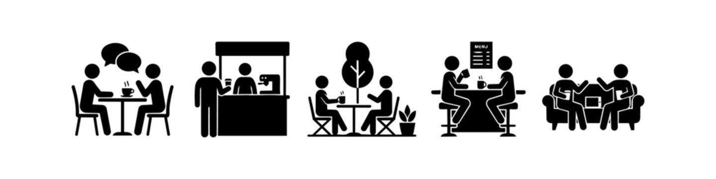 Set of minimalist pictograms depicting various cafe and coffee shop scenes, including people chatting at tables, buying from a barista, and relaxing on a sofa.