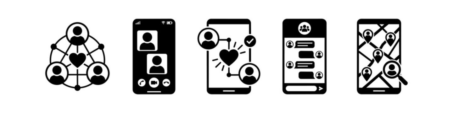 Set of minimalist icons representing online dating and social networking on mobile devices, including video calls, matchmaking, chatting, and location-based searching.
