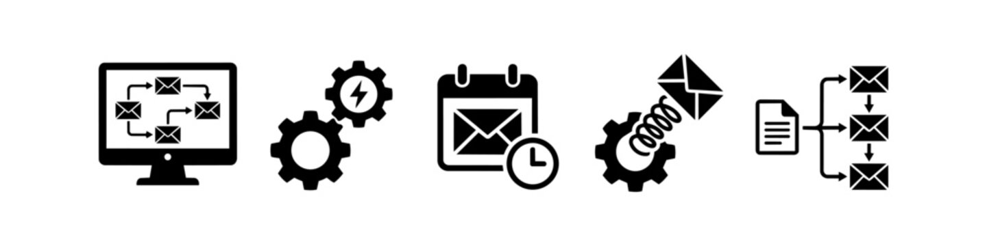 Set of email automation and workflow icons including scheduling, triggered messaging, and distribution processes. Ideal for digital marketing, business management, and tech design.
