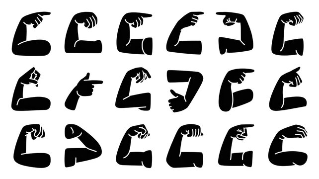 Collection of black silhouette arm poses flexing and pointing directions silhouette pointing collection variation movement illustration