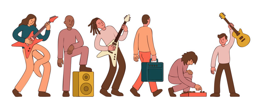 Rock band musicians playing electric guitar, vector illustration of musical group performing, rock stars with instruments, concert performance, musical creative concept set, flat design isolated chara