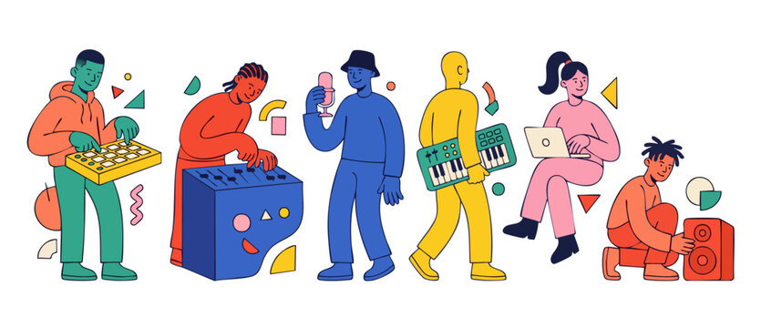 Music Producers Musicians Making Music Vector Illustration Set with Audio Equipment Mixing Console Keyboard Microphone Laptop and Speakers Flat Modern Colorful Character Design for Creative Studio Bra
