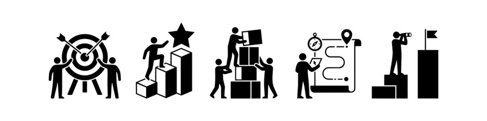 Business concept icon set featuring goal achievement, success, teamwork, strategic planning, and visionary leadership in a clean black and white minimalist style. © Nort Kor