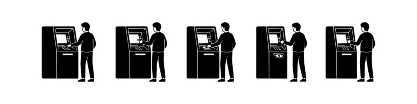 Minimalist black and white vector icon set showing a man using an automated teller machine for banking tasks like withdrawing cash and inserting a card. Professional silhouette illustrations.