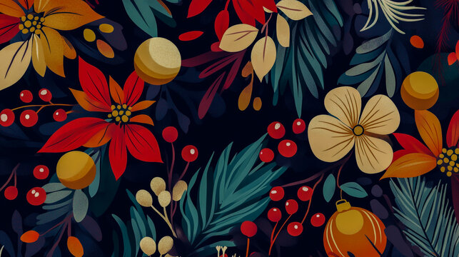 Dark floral pattern with poinsettias berries baubles dark background holly berries christmas flowers holiday decor winter bloom poinsettia