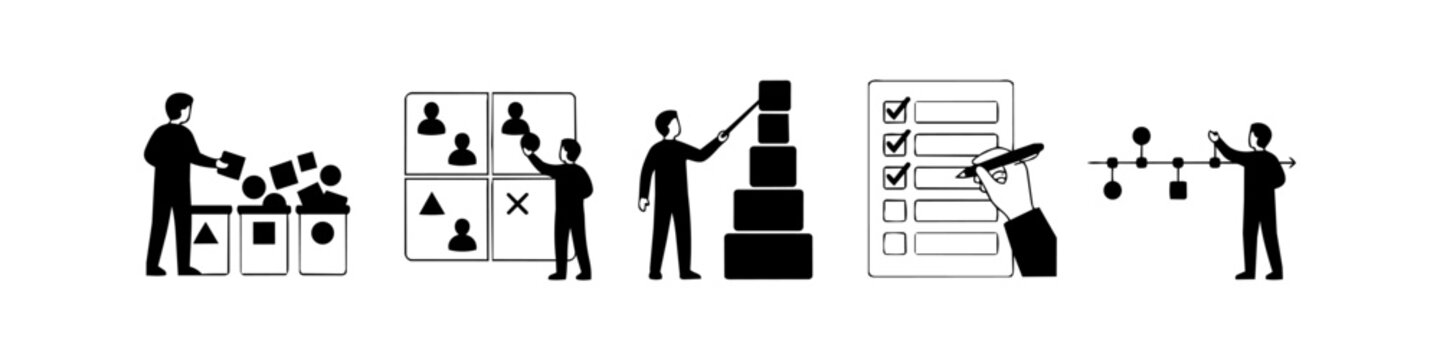 Minimalist black and white business process icons representing task management, organization, workflow optimization, and progress tracking for professional infographics and presentations.