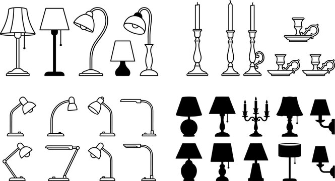 Interior lighting vector icons collection featuring retro table lamps modern desk lights candelabras and candlestick silhouettes