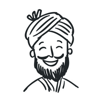 Smiling man wearing a traditional turban and a full beard with a mustache, depicted in a cheerful hand-drawn cartoon sketch style.
