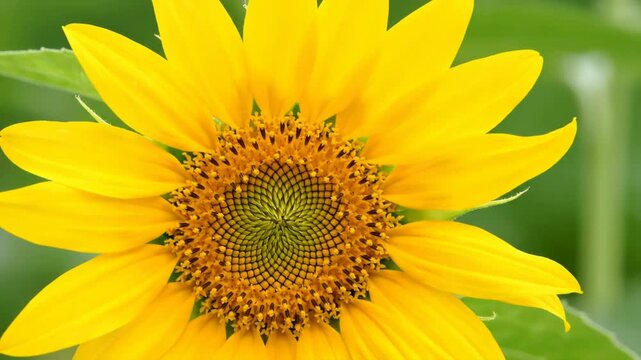 Macro close-up of a blooming sunflower head featuring vibrant yellow ray petals and the intricate Fibonacci spiral pattern of disc florets against a blurred green background.