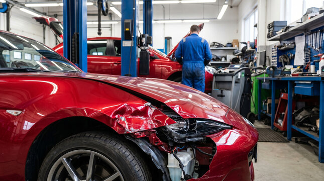 Red sports car with major front end damage sitting on repair shop floor while professional mechanic works on another vehicle behind in busy automotive maintenance workshop facility.