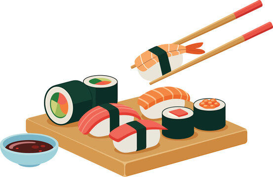 Sushi and maki rolls vector illustration