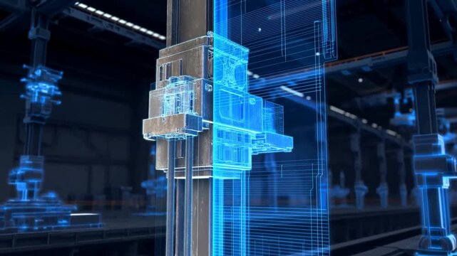 Tracking shot of robotic assembly line moving with holographic wireframe overlay inside industrial factory interior