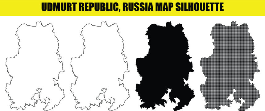 Udmurt republic russia map silhouette collection with black outline and pixelated shapes for geography design work.