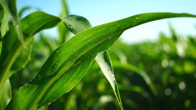 Close up of fresh green corn leaves with morning dew drops. Lush agricultural field on a sunny day with a clear blue sky. Panoramic nature background for farming concepts