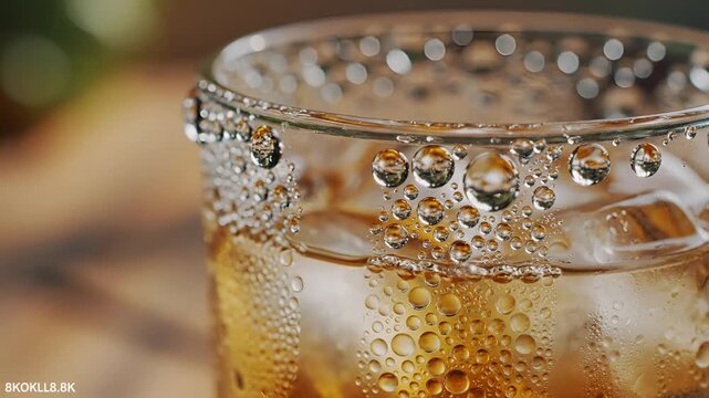 Closeup of a refreshing iced beverage with condensation on the glass rim.