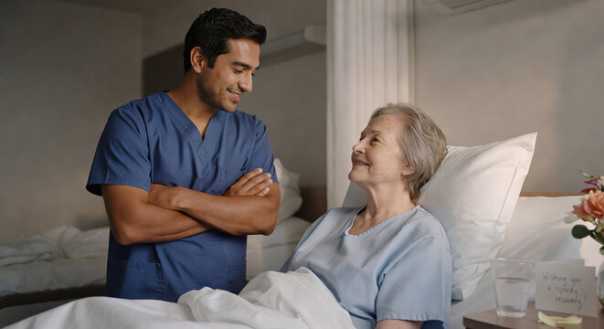Male nurse caring for elderly patient in hospital room