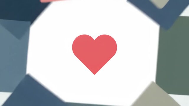 Abstract geometric shapes and squares flying through space to form a red heart icon. Modern motion graphic for social media likes, love reactions, or digital greetings