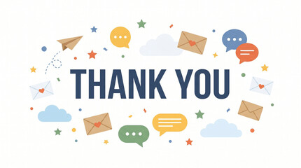 Fototapeta premium Creative thank you card illustration with flat vector icons including envelopes and speech bubbles for professional business communication and customer gratitude on white surface.