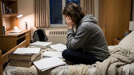 Fototapeta premium Sad and depressed female sitting alone on bed with books pondering and struggling with mental health breakdown