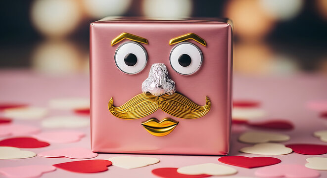 Creative gift wrapping with a funny face made of gold mustache and googly eyes on pink background with paper hearts