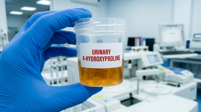 Laboratory urine sample cup for hydroxyproline analysis being held by medical professional in protective blue gloves within modern high tech clinic research facility background scene.