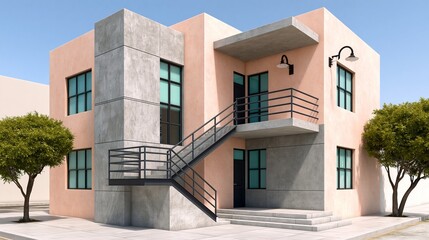 Obraz premium Modern two-story building with a concrete and pink exterior, featuring large windows, a metal staircase, and trees lining the sidewalk in a sunny urban setting