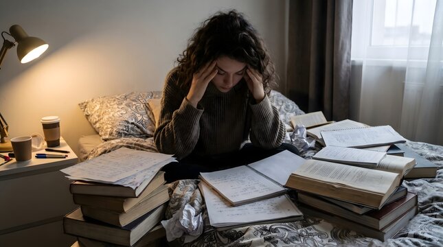 Frustrated young female worker or student feeling anxious and depressed during remote study overload in cozy bedroom