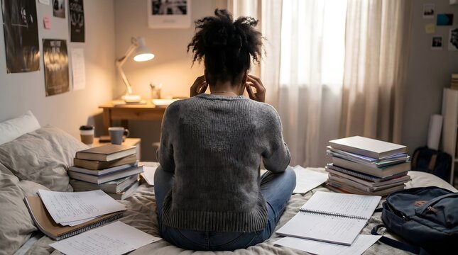 Exhausted college student sitting on bed looking down in depression surrounded by library books feeling powerless