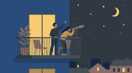 Couple stargazing with telescope on balcony © Bima
