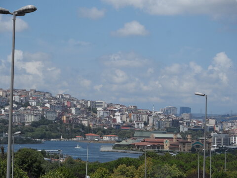 Panoramic view of the Golden Horn estuary with the Halic Congress Center and dense city housing on the hills