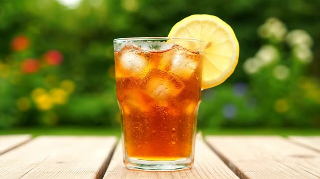 A cold glass of refreshing iced tea with a lemon slice and ice cubes sitting on a wooden picnic table. A perfect thirst quenching summer drink in a beautiful green garden