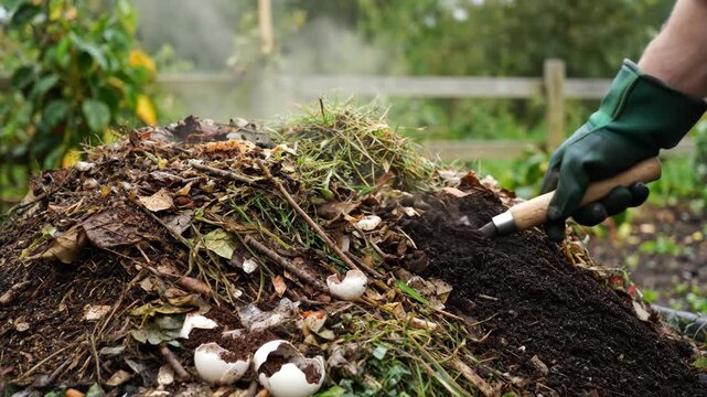 A gardener turning a steaming compost pile with a trowel to aerate the organic matter. Recycling kitchen scraps and garden waste into rich soil for sustainable gardening