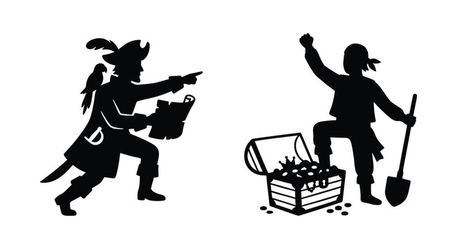 pirate characters with treasure chest and parrot silhouette