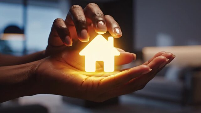 Hand holding glowing house icon in modern room.