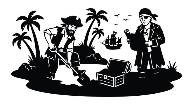 pirates digging treasure chest on tropical island silhouette