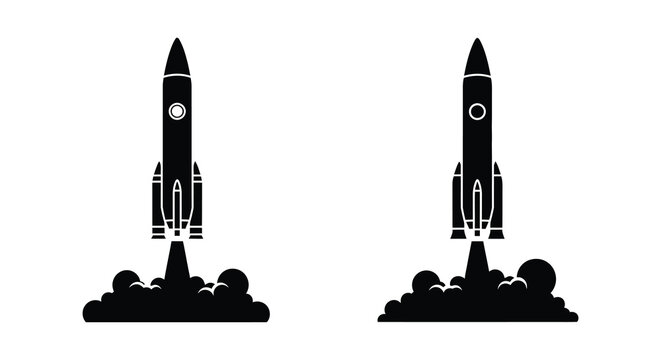 rocket launch silhouette with twin boosters and exhaust clouds
