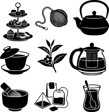 Tea ceremony and accessories silhouette icons set set of kitchen utensils