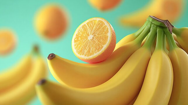 Yellow bananas stacked with a halved orange on top, surrounded by floating oranges against a vibrant turquoise background, showcasing fresh fruit arrangement