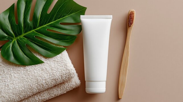 White toothpaste tube placed beside a bamboo toothbrush and a folded towel with a green monstera leaf on a beige background