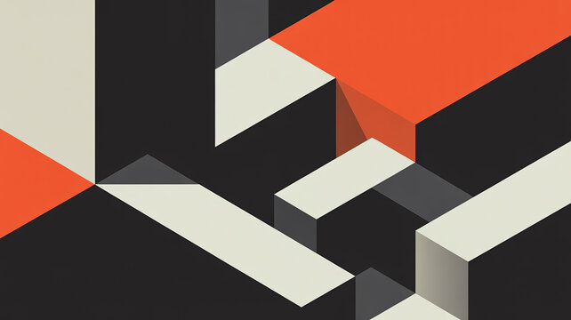 abstract geometric background, Abstract Brutalist Geometric Composition with Isometric 3D Blocks Red Black and Cream Shapes