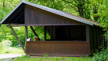 A brown wooden gazebo stands in a lush summer forest, surrounded by tall green trees and vibrant undergrowth. The rustic structure features a classic design with open sides, providing a cozy shelter a © Василий Канин