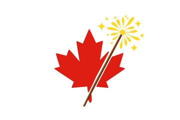 Obraz premium Red Canadian maple leaf with glowing magic wand and golden sparkles, festive Canada symbol vector illustration isolated on transparent background