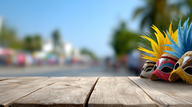 Vibrant Miami Carnival masks on a wooden table outdoors